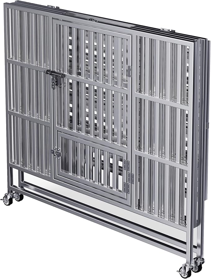Collapsible Stainless Steel Dog Crate, 30" 37" 42" 48" Sizes, Lockable Wheel, with Tray, Stackable, Heavy Duty, Divider, Indoor and Outdoor (42in)