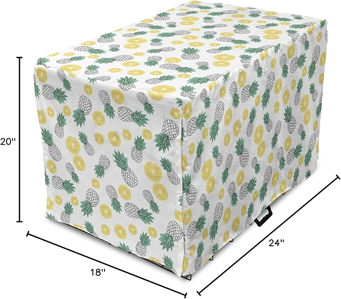 Lunarable Pineapple Dog Crate Cover, Doodle Style Whole and Sliced Pieces, Easy to Use Pet Kennel Cover for Cats & Medium Dogs, 24 Inch, White Yellow Jade Green