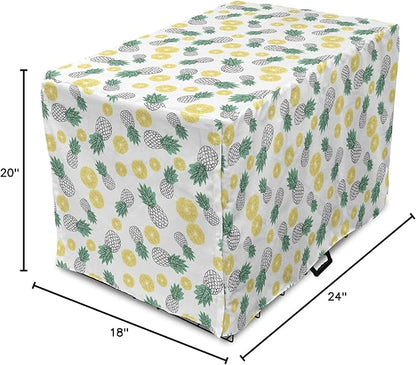 Lunarable Pineapple Dog Crate Cover, Doodle Style Whole and Sliced Pieces, Easy to Use Pet Kennel Cover for Cats & Medium Dogs, 24 Inch, White Yellow Jade Green