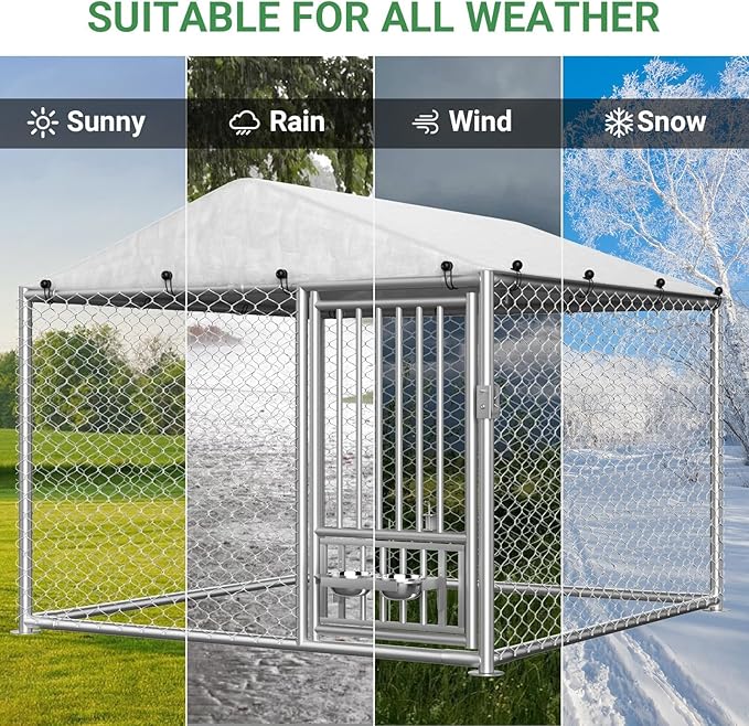 Rovibek 6.7'×6.7' Outdoor Dog Kennel with Roof, Outside Dog Kennel with Waterproof Sunproof Cover, Dog Kennels Outdoor and Enclosure with 2 Stainless Steel Bowls