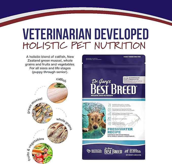 Best Breed Dr. Gary's Freshwater Recipe Slow-Cooked in USA [Natural Dry Dog Food for All Breeds and Sizes] - 4lbs. (Pack of 2)