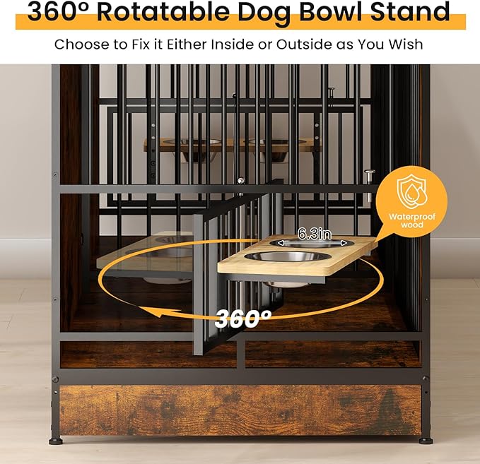 78'' Dog Crate Furniture with 4 Dog Bowls, Extra Large Double Dog Kennel with 360° Rotating and Adjustable Height Bowl Holder, Wooden Dog Crate Kennel with Divider for Dogs (Brown)