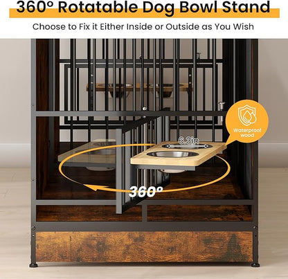 78 Inch Dog Crate Furniture with 4 Bowls, Double Dog Kennel Indoor with 360° Rotating and Adjustable Height Dog Bowl Holder, Brown Large Dog Wooden Crate with Divider for 2 Dogs