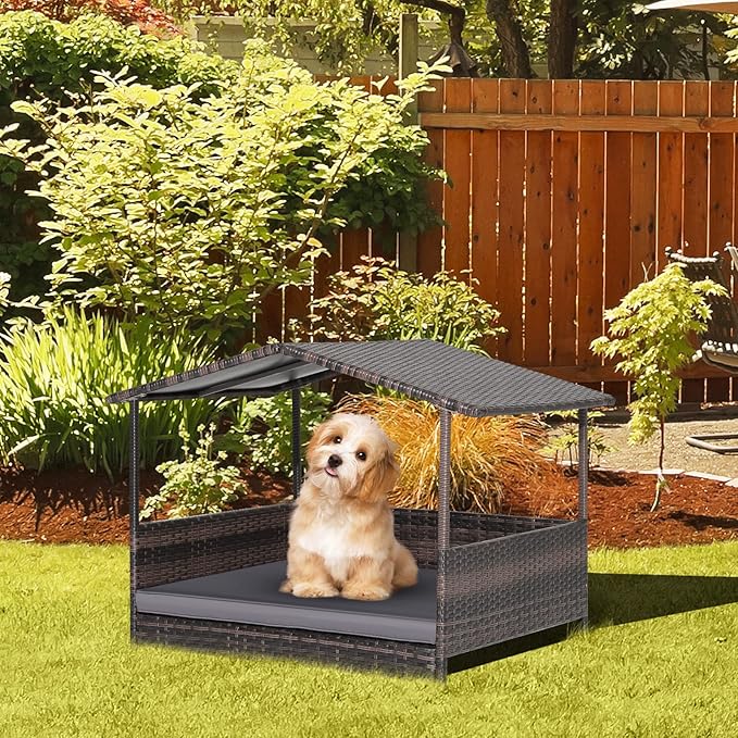Giantex Wicker Dog House, Raised Rattan Dog Bed with Waterproof Roof, Washable Cushion Cover, Steel Frame, Indoor Outdoor Elevated Dog Bed Pet House for Small Medium Dogs Cats, Easy Assembly