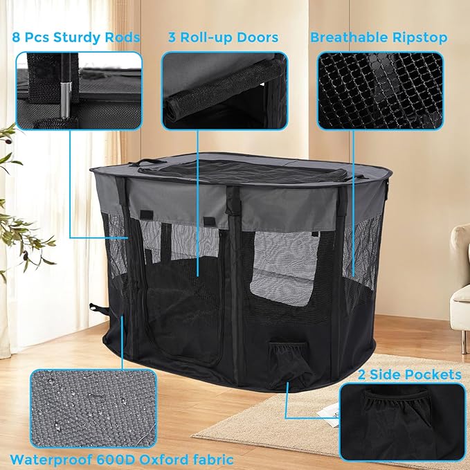 Portable Pet Dog Playpen Kennel Indoor, Foldable Puppy Playpen for Small Animals, Mesh Tent Crate for Travel, Camping, Home & Outdoor, Scratch Proof Dog Exercise Playground Equipment (Black, M, 1)