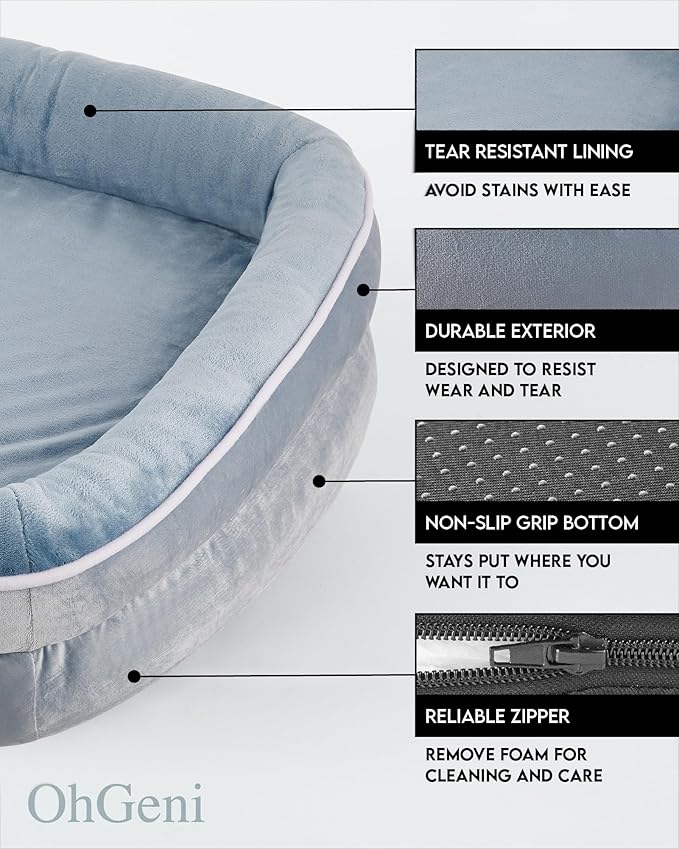 OhGeni Orthopedic Dog Bed for Extra Large Dogs, Dog Couch Design with Egg Foam Support, Removable, Washable Plush Cover and Non-Slip Bottom with Four Sided Bolster Cushion (Washed Blue)