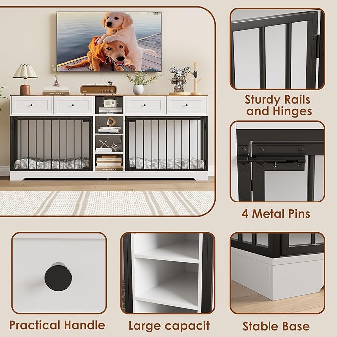 IDEALHOUSE 82” Large Dog Crate for 2 Dogs, Dog Kennel Indoor with 4 Drawers and Shelves, Double Dog Crate Furniture TV Stand, Wooden Dog Cage for Medium Large Dogs, White