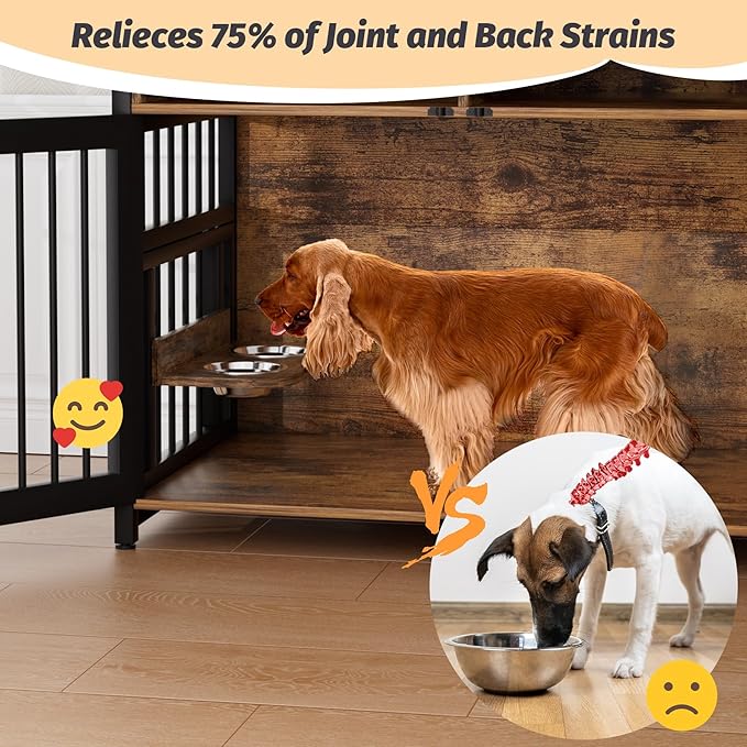 Dog Crate Furniture, Large Dog Cage with 2 Open Storage Shelves, 41 Inch Dog Kennel with Adjustable Raised Feeders, Indoor Heavy Duty Metal End Table Dog Crate for Large/Medium Dogs