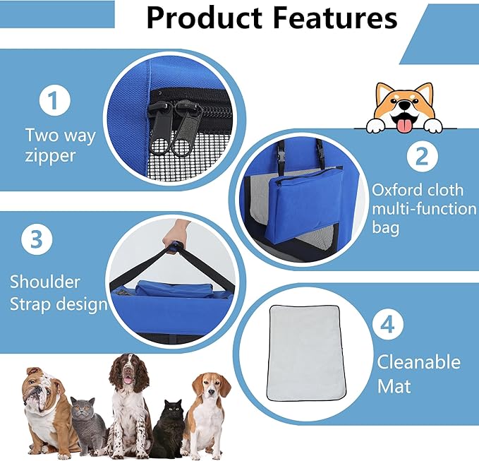 FDW 42 Inch Soft Collapsible Dog Crate 3-Door Open Dog Kennel with Mesh Window Portable Travel Pet Crate Indoor & Outdoor Pet Home, Blue