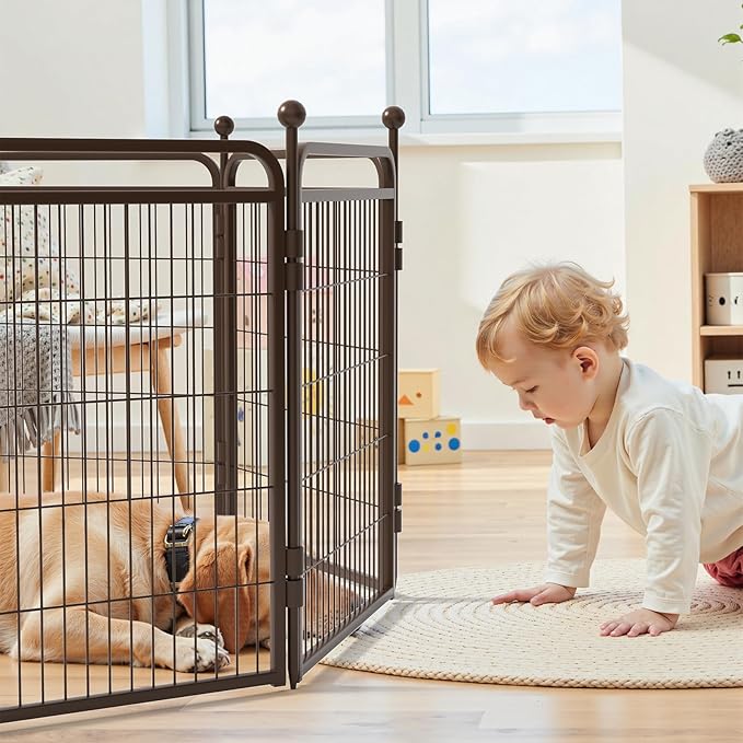 Gardner Pet Dog Playpens, 32" H 2 Add-on Panels for Small/Medium/Large Dogs, Foldable Pet Play Yard Gate Extensions, Pet Playpen, Anti-Rust, Quick Install, Brown