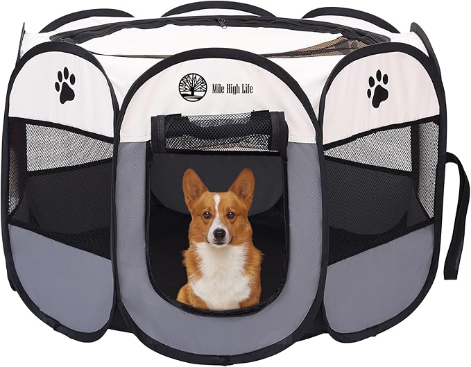 Mile High Life | Foldable Dog Playpen | Portable Dog Crate w Removable Shade Cover | Dog Kennel Indoor/Outdoor w Carry Case | Pen Tent for Dog/Cat/Rabbit(Gray, Small (29"x29"x17"))