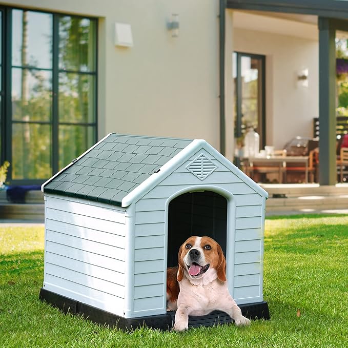 YITAHOME 28.5'' Large Plastic Dog House Outdoor Indoor Doghouse Puppy Shelter Water Resistant Easy Assembly Sturdy Dog Kennel with Air Vents and Elevated Floor (28.5''L*26''W*28''H, Gray)