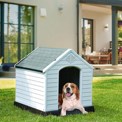 YITAHOME 28.5'' Large Plastic Dog House Outdoor Indoor Doghouse Puppy Shelter Water Resistant Easy Assembly Sturdy Dog Kennel with Air Vents and Elevated Floor (28.5''L*26''W*28''H, Gray)