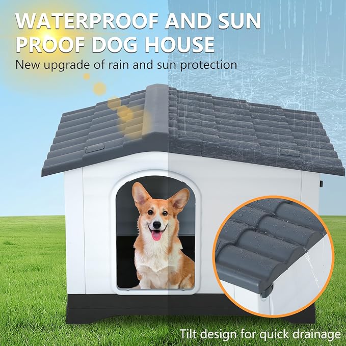 FDW Dog House Indoor Outdoor Durable House with Weatherproof Pet Plastic Dog House for Dogs Cats with Air Vents and Elevated Floor