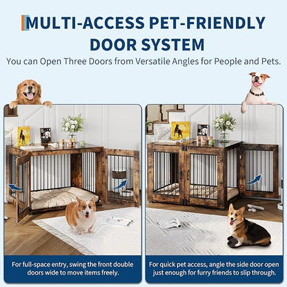 42.1" Dog Crate Furniture, Wooden Kennel with Locking Double Doors, Chew-Resistant Indoor Pet Cage End Table for Large Breeds, Brown