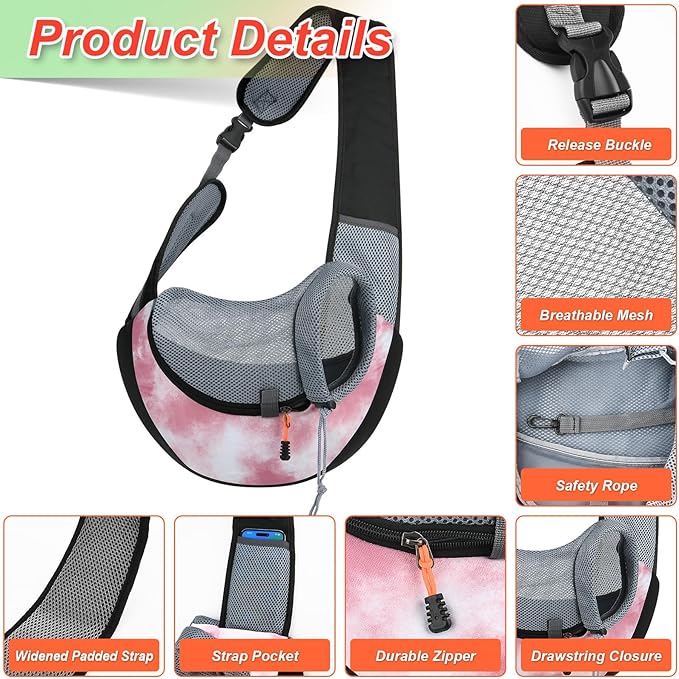 Cosmos Pet Dog Sling Carrier Breathable Mesh Pet Sling Bag Travel Pet Safe Carrier Hand Free Puppy Satchel with Padded Strap and Safety Rope for Small Dogs Cats Puppies to Outdoor Travel (Pink)