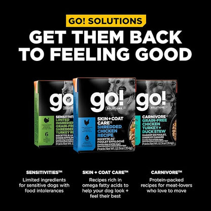 Go! Solutions Skin + Coat Care, Wet Dog Food Shredded, Chicken Recipe with Grains for Sensitive Skin, 12.5 oz