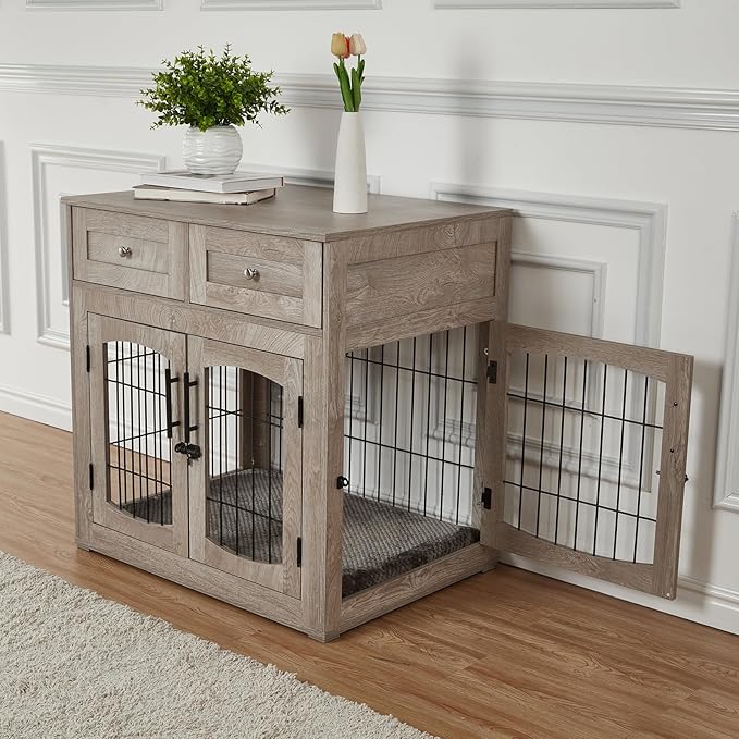 Dog Crate Furniture with Cushion,Wooden Dog Kennels Indoor with 2 Drawers,Dog Furniture Crate End Table with Storage