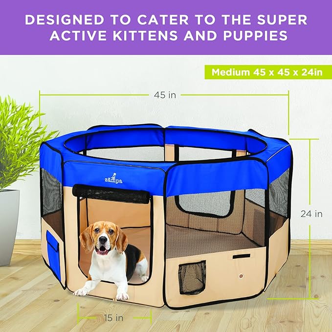 Zampa Dog Playpen Medium 45"x45"x24" Pop Up Portable Playpen for Dogs and Cat, Foldable | Indoor/Outdoor Pen & Travel Pet Carrier + Carrying Case.
