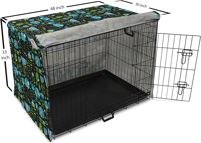 Lunarable Floral Dog Crate Cover, Abstract Flower Bouquets Dragonflies Ladybugs Butterflies on Dark, Easy to Use Pet Kennel Cover for Medium Large Dogs, 48 Inch, Blue Green and Charcoal Grey