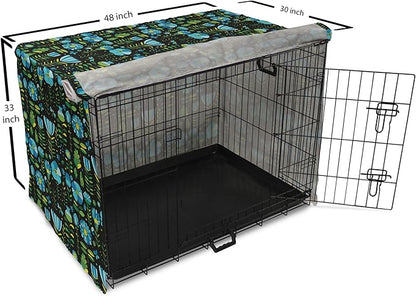 Lunarable Floral Dog Crate Cover, Abstract Flower Bouquets Dragonflies Ladybugs Butterflies on Dark, Easy to Use Pet Kennel Cover for Medium Large Dogs, 48 Inch, Blue Green and Charcoal Grey
