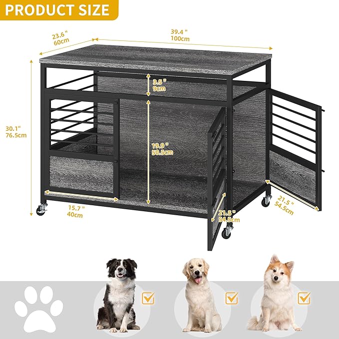 DWVO Dog Crate Furniture, 39 Inch Dog Kennel Indoor Furniture End Table for Dogs, Modern Decorative Wooden Cage with Wheels, Chew-Resistant, Dark Grey