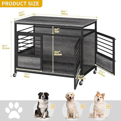 DWVO Dog Crate Furniture, 39 Inch Dog Kennel Indoor Furniture End Table for Dogs, Modern Decorative Wooden Cage with Wheels, Chew-Resistant, Dark Grey