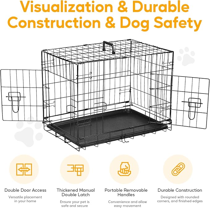 HealSmart 24" Small Dog Crate with Divider, Portable Pet Kennel, Double Door Folding Metal Wire Cage with Leak-Proof Plastic Tray, Indoor, Outdoor and Travel, Black