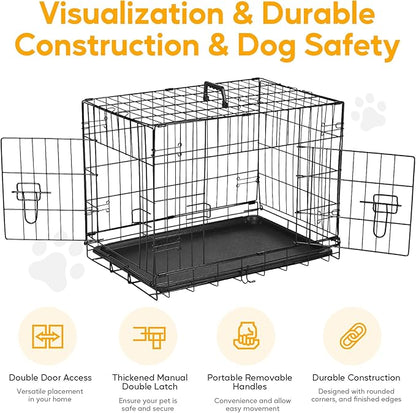 HealSmart 24" Small Dog Crate with Divider, Portable Pet Kennel, Double Door Folding Metal Wire Cage with Leak-Proof Plastic Tray, Indoor, Outdoor and Travel, Black