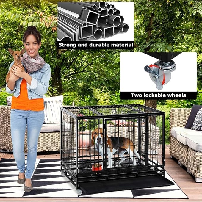 FDW Dog Crate Dog Cage Dog Kennel for Large Dogs Heavy Duty 36 Inches Pet Playpen for Training Indoor Outdoor with Plastic Tray Double Doors & Locks Design