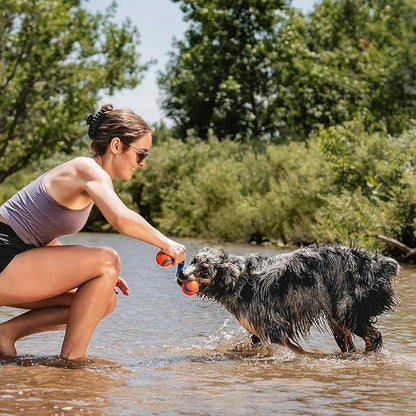 Chuckit! Ultra Duo Tug Dog Toy - Two Ultra Balls on a Durable Nylon Cord Handle - Fetch and Tug-of-War Toy for Dogs - Size Medium - For Breeds 20-60 lbs - 2.5-inch Diameter - Orange and Blue