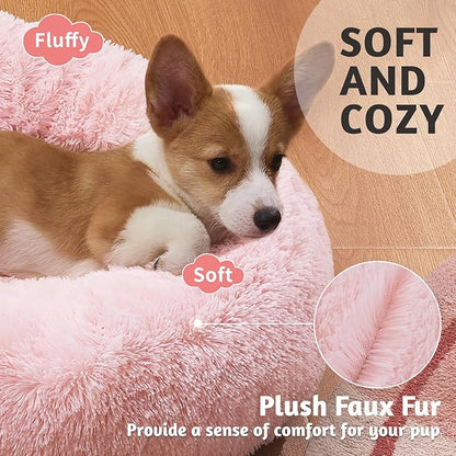 OhGeni Calming Donut Dog & Cat Bed Pillow, Machine Washable Plush Warming Bed, Anti-Slip Round Cuddle Comfort Pet Bed, Pillow Design Cozy Fluffy Faux Fur Bed for Small Medium Dogs, Pink, 23 inches