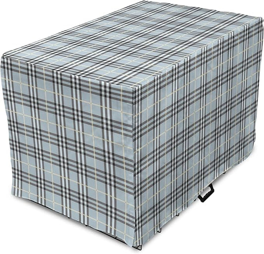 Lunarable Plaid Dog Crate Cover, Traditional Vintage Pattern with Modern Look Checkered Pastel Colored, Easy to Use Pet Kennel Cover for Small Dogs Puppies Kittens, 18 Inch, Pale Blue Dimgray Cream