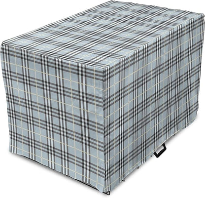 Lunarable Plaid Dog Crate Cover, Traditional Vintage Pattern with Modern Look Checkered Pastel Colored, Easy to Use Pet Kennel Cover for Medium Large Dogs, 36 Inch, Pale Blue Dimgray Cream