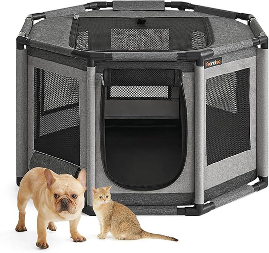 Feandrea Dog Playpen, Oxford Fabric Dog Fence, Octagon Dog Crate, M, 28.3 x 28.3 x 16.9 Inches, PVC Pipe Frame, Breathable Mesh, Double Openings, Dove Gray and Slate Gray UPDC002G01