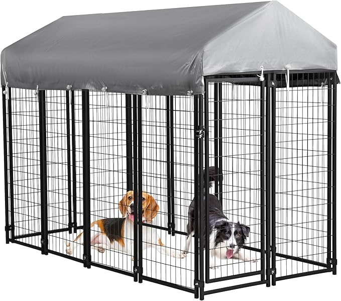 FDW 8 x 4 x 6 Ft Dog Kennel Outdoor Welded Wire Heavy Duty Playpen Dog Crate Cage with Waterproof Cover Roof and UV Resistant Pet Kennel Fence with Secure Lock, Black