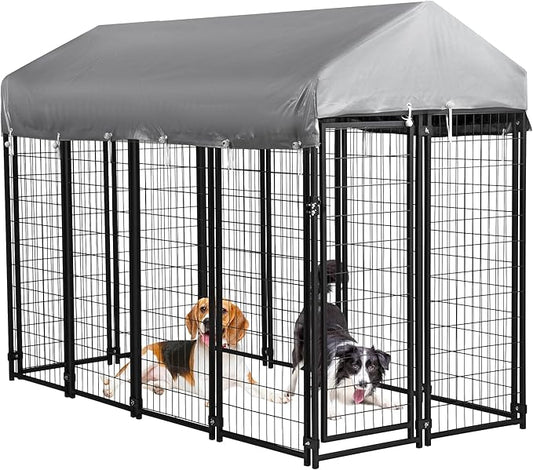 FDW 8 x 4 x 6 Ft Dog Kennel Outdoor Welded Wire Heavy Duty Playpen Dog Crate Cage with Waterproof Cover Roof and UV Resistant Pet Kennel Fence with Secure Lock, Black