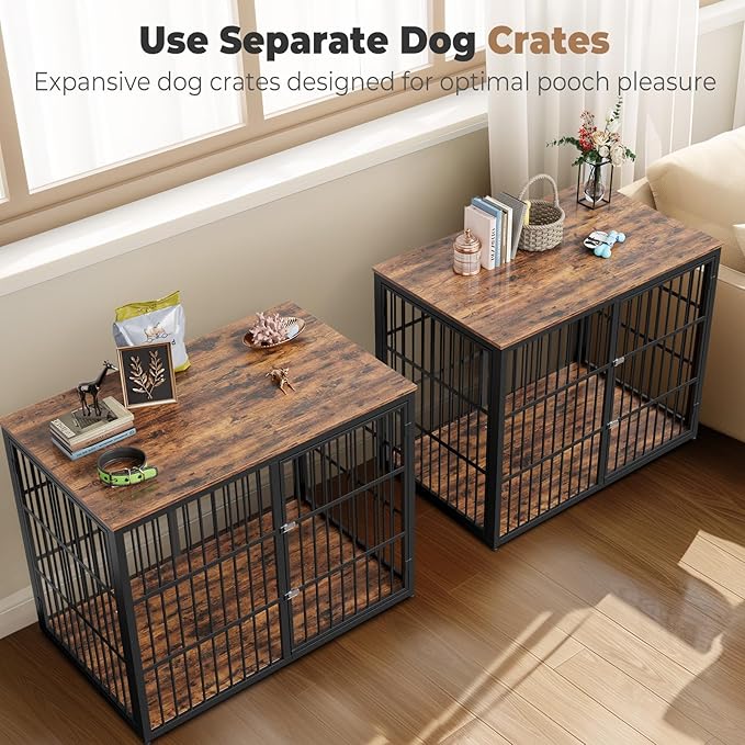 94.48'' Dog Crate Furniture Large Breed TV Stand with Double Rooms,Wooden Dog Kennel Dog Crate End Table with Removable Divider for Large Medium Dogs, Can Use Separately