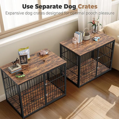 94.48'' Dog Crate Furniture Large Breed TV Stand with Double Rooms,Wooden Dog Kennel Dog Crate End Table with Removable Divider for Large Medium Dogs, Can Use Separately