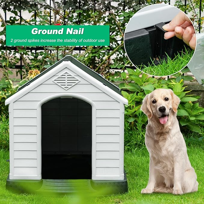 FDW Dog House Indoor Outdoor Durable Ventilate Waterproof Pet Plastic Dog House for Small Medium Large Dogs Insulated Puppy Shelter Kennel Crate with Air Vents and Elevated Floor