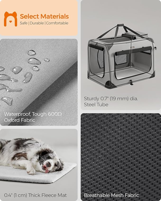 Feandrea 36 Inches Collapsible Soft Dog Crate, Portable Travel Dog Crate for Indoor and Outdoor Use, Dog Carrier Kennel with Safety Zippers, for Living Room, Car, Travelling, Smoke Gray UPDC090G02