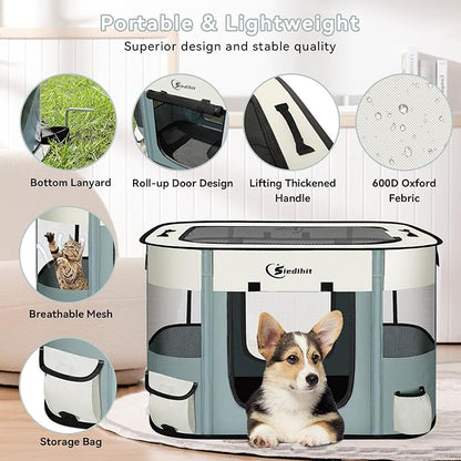 Dog Playpen28/31/35in,Cat Pet Puppy Pen,Portable Playpens for Dogs Indoor Outdoor Travel Camping Use,Foldable Dog Kennel Crate for Rabbit Small Animals with and Tent Stakes (Grey, Lagre)