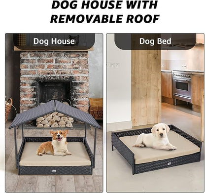 NATURAL EXPRESSIONS 2-in-1 Wicker Dog House,Elevated Dog Bed for Indoor/Outdoor with Removable Canopy,Large Dog House with Raised Pet Cot Cool, Breathable, Shade, waterrproof with Non-Slip Feet