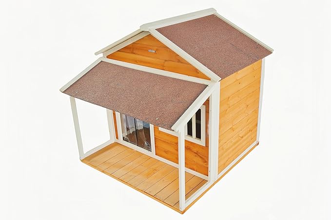 Indoor-Outdoor Wooden Dog House, Porch, Asphalt Roof, Plastic Door Curtain, Ventilation Windows, Brown, Weatherproof, Small to Medium Dog, Puppy Kennel
