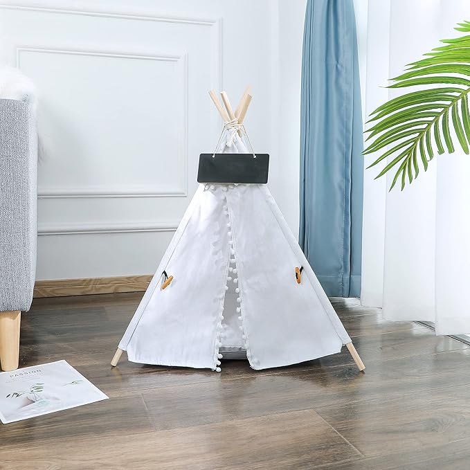 Pet Teepee, Portable Pet Tents for Small Dogs or Cats, Puppy Sweet Bed Washable Dog or Cat Houses with Cushion(White,24")