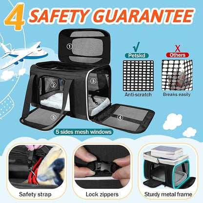 Petskd Top-Expandable Pet Carrier with Wheels 18x13x9.5 Inches Southwest Allegiant Airline Approved, Soft-Sided Carrier for Small Cats Dogs with Locking Safety Zippers and Anti-Scratch Mesh(Black)