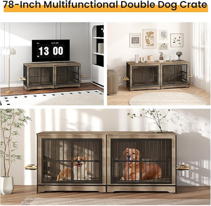78'' Double Dog Crate Furniture for 2 Dogs, Double Dog Kennel with 360° Rotating and Adjustable Height Dog Bowl Holder with 4 Bowls, Grey Dog Kennel with Divider for Small Medium Large Dogs