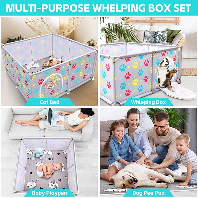 2025 Upgraded Whelping Box for Dogs,24.8’’Extra Tall Dog Whelping Pen with Whelping Pad,Dog Whelping Supplies for Large Small Breed Dogs(47" Dia.x24.8 H) (Grey)