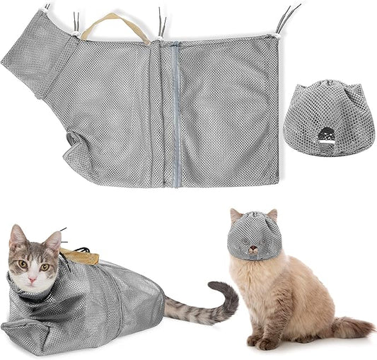 Weewooday 2 Pieces Cat Grooming Washer Mesh Bag Cat Muzzles Breathable Mesh Muzzles Adjustable Kitten Scratch Resistant Kitty Restraint Clothes Kitty Bath Bag for Bathing Nail Trimming Feeding(Gray)