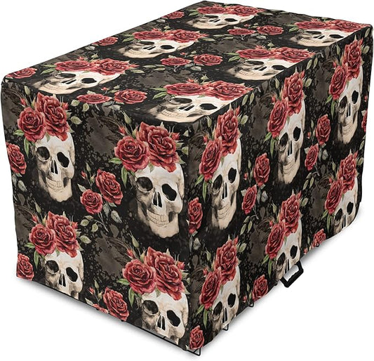 Lunarable Halloween Dog Crate Cover, Mexican Sugar Skull Rose Bouquets Spooky Traditional Humour Culture, Easy to Use Pet Kennel Cover for Cats & Medium Dogs, 24 Inch, Black Grey